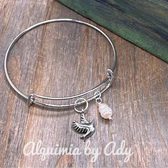 Silver statement adjustable Holy Ghost Spirit freshwater pearl bangle bracelet - Picture 1 of 4